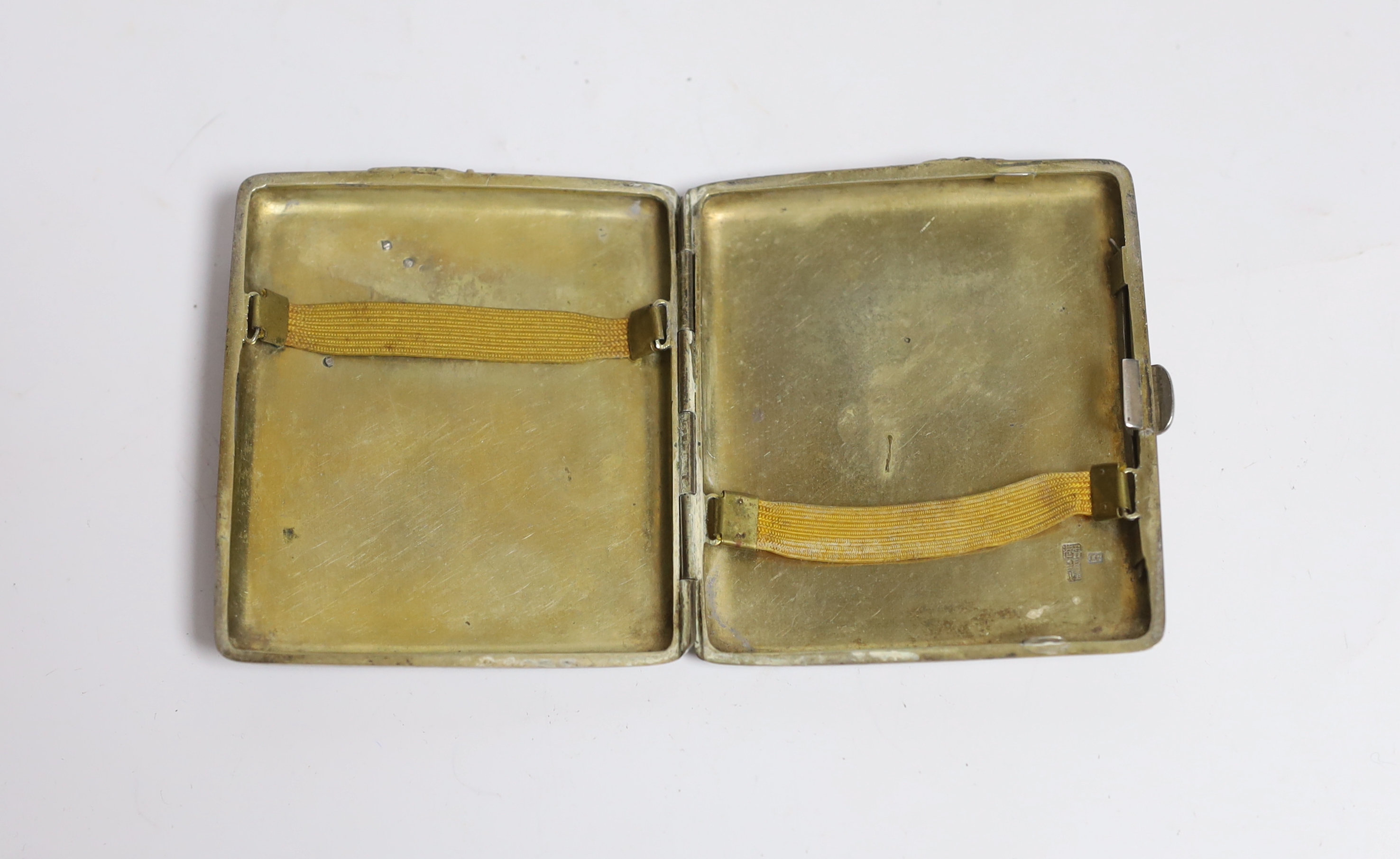 A late 19th/early 20th century Chinese Export white metal cigarette case, by Tuck Chang?, with yellow metal monogram applique and embossed with a dragon, 78mm.